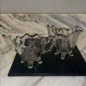 Indiana Glass 4 Footed Etched/Scratch Flower Glass Creamer and Sugar Bowl Set